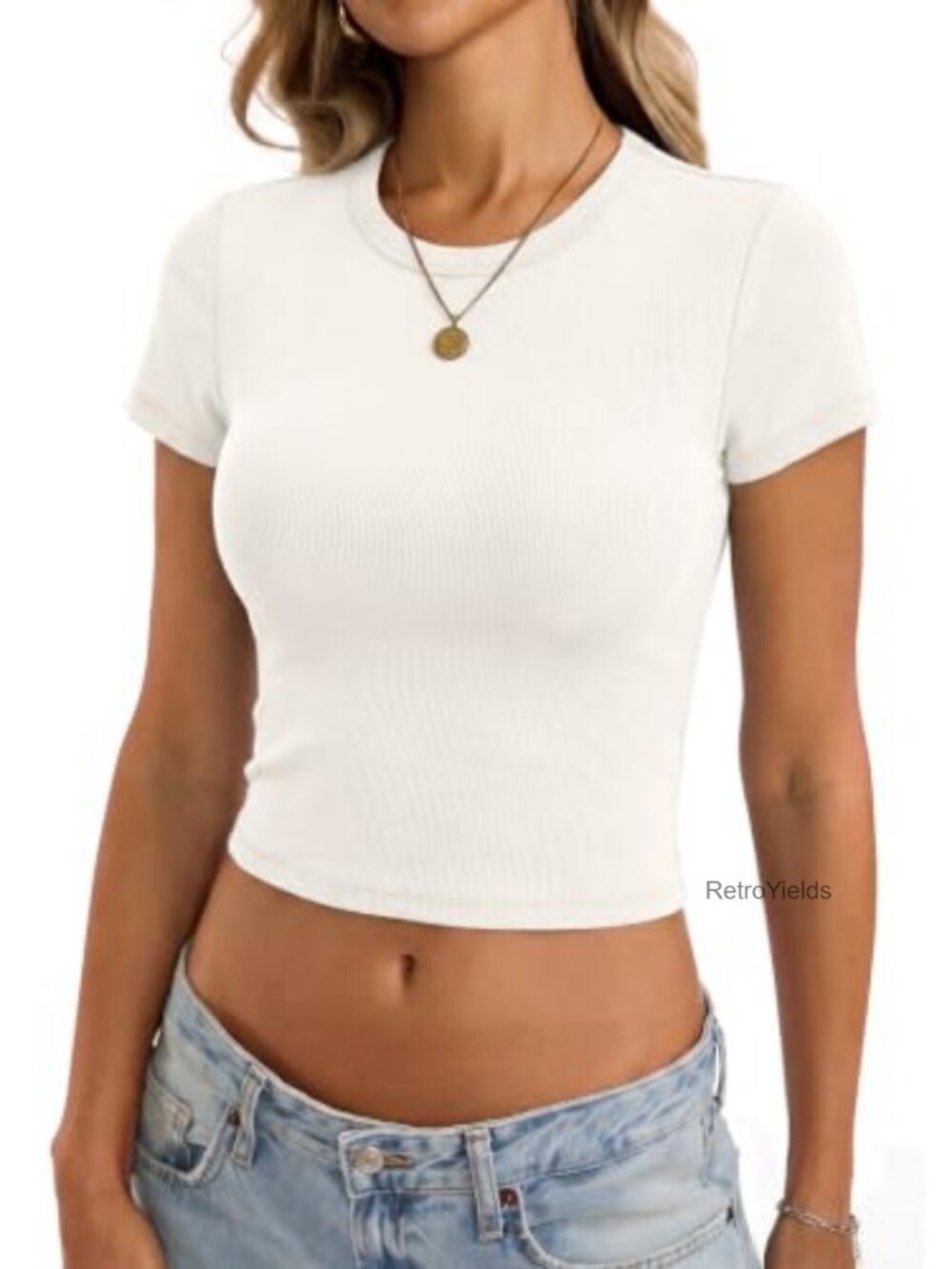 Women's Cotton Ribbed Crew Neck Crop Top Fitted Short Sleeve Tee